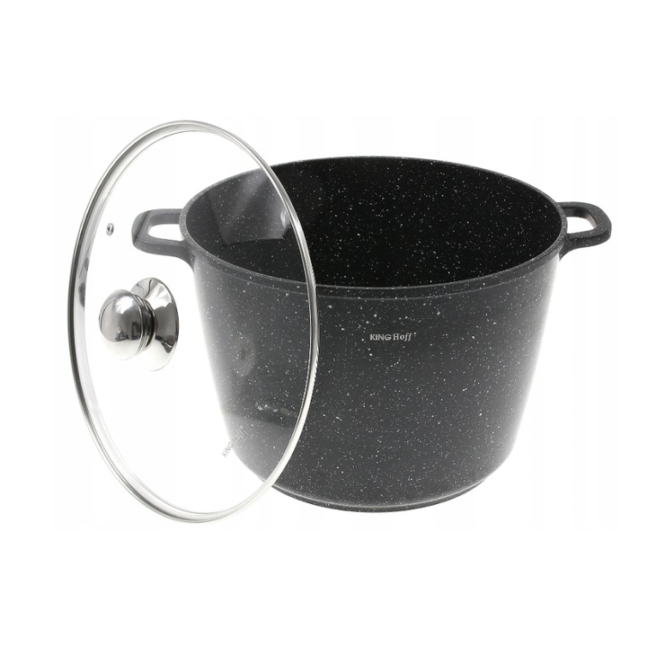 Oala din aluminiu turnat, cu strat marmorat, cu capac din sticla, 24 cm, 6.2 litri, negru, Kinghoff