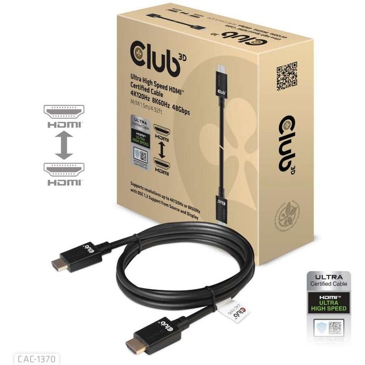 Кабел CLUB3D, HDMI, 4K120Hz, 8K60Hz, 48Gbps, M/M, 1.5m