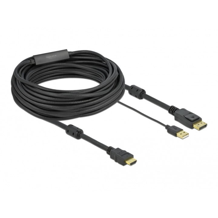 Кабел DeLOCK 85968, 10M, HDMI-A към DisplayPort, USB-A, черен