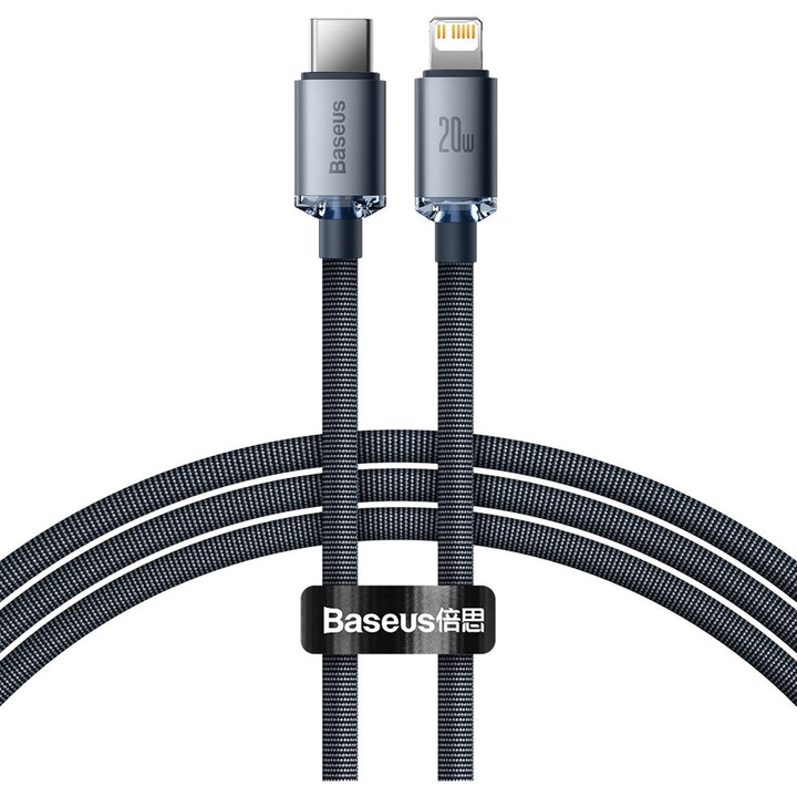 Кабел Baseus Crystal Shine Series CAJY000201, USB към USB-C, Lightning, 20W, 1.2m, черен