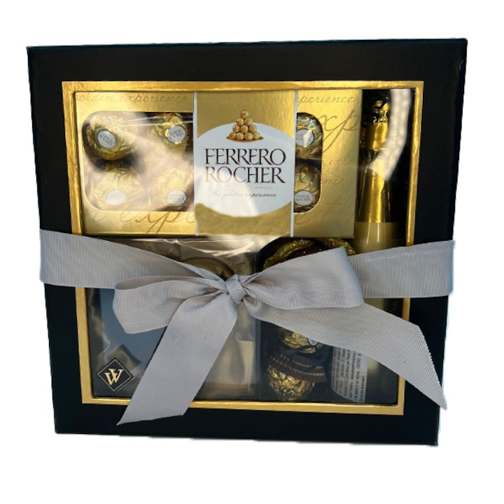 Velve Ferrero női ajándékcsomag, elegáns dobozban, Chic'n Glam Elixir Parfüm 100ml, Bottega Gold 200ml, 10 Ferrero Rocher praliné, arany szappanrózsa csillámmal