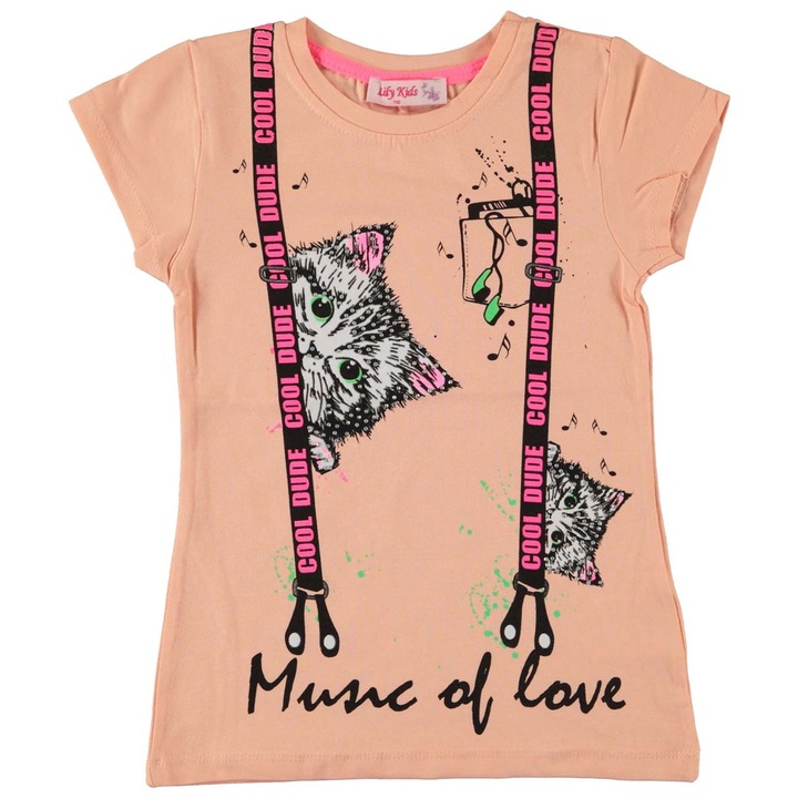 Póló lányoknak Music of Love, cicás, pamut, Lazacszín