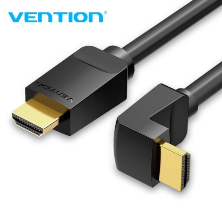 Vention AARBH kábel, fekete, HDMI dugasz 90°-os szögben – dugó, Ver:2.0, 4K/60Hz Gold, 2M