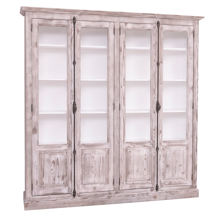 Vitrina dubla cu 4 usi, cu tija, culoare exterior gri, interior alb, periat adanc, 100% lemn masiv