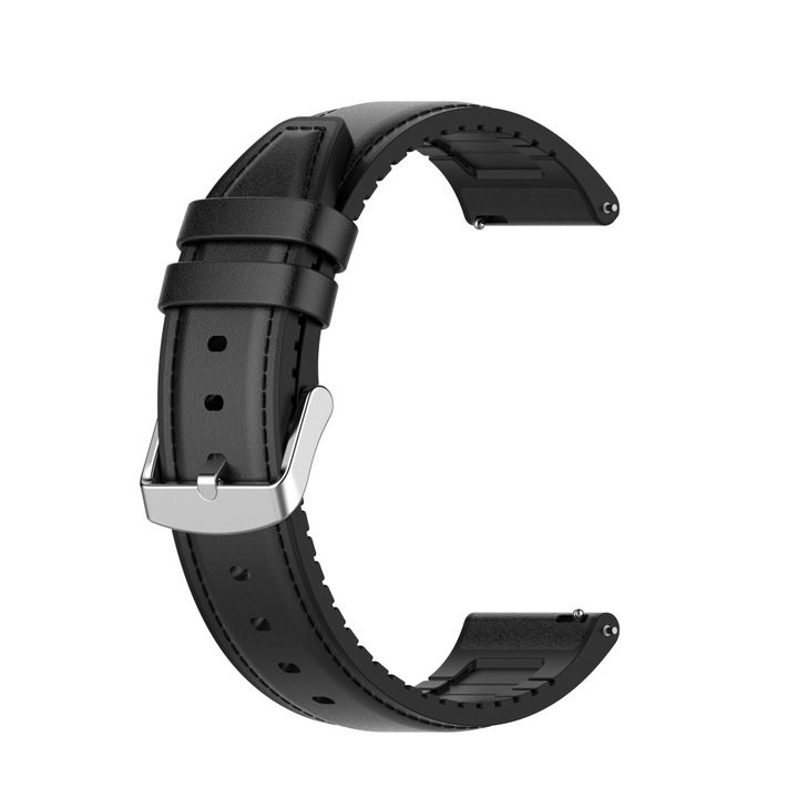 Фитнес гривна, съвместима с Samsung Galaxy Watch (46 mm) / Watch 3 / Gear S3, Huawei Watch GT / GT 2 / GT 2e / GT 2 Pro / GT 3 (46 mm), кожа W007, черен