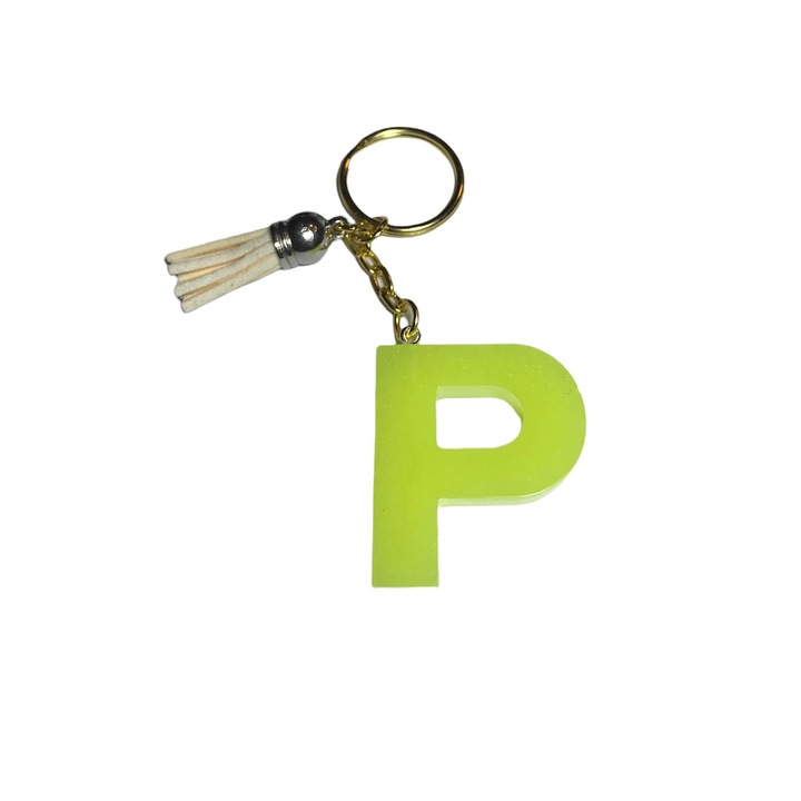 Ключодържател Gentelo с инициала P, Ръчно изработен от неонова зелена епоксидна смола, 4 см