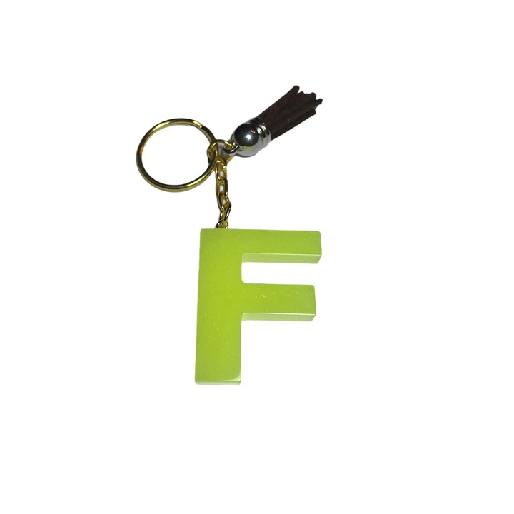 Ключодържател Gentelo с инициал F, Ръчно изработен от неонова зелена епоксидна смола, 4 см