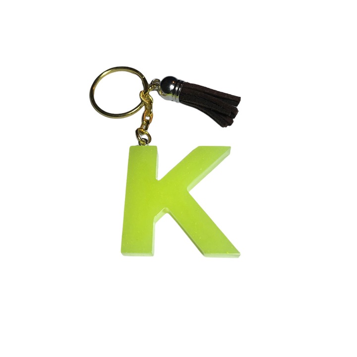 Breloc Gentelo cu initiala K, Handmade din rasina epoxidica verde neon, 4 cm