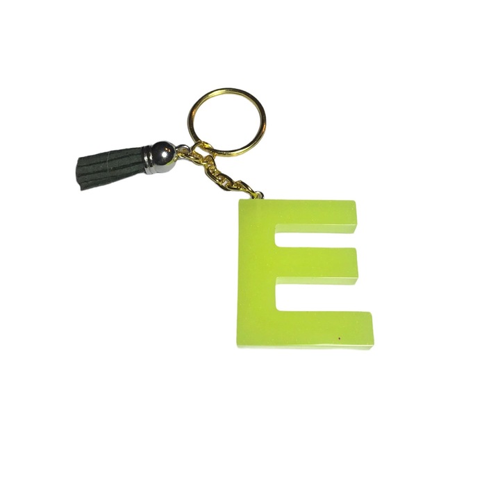 Breloc Gentelo cu initiala E, Handmade din rasina epoxidica verde neon, 4 cm