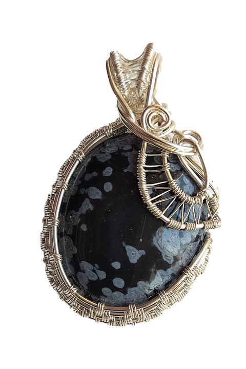 Дамски медальон, Обсидиан Снежинка, Сребрист, 5 см