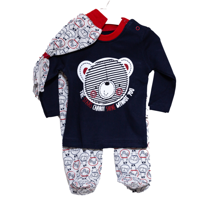 Set compleu copii Bear, Motat, 3 piese, 100% bumbac, albastru-gri, 3-6 luni
