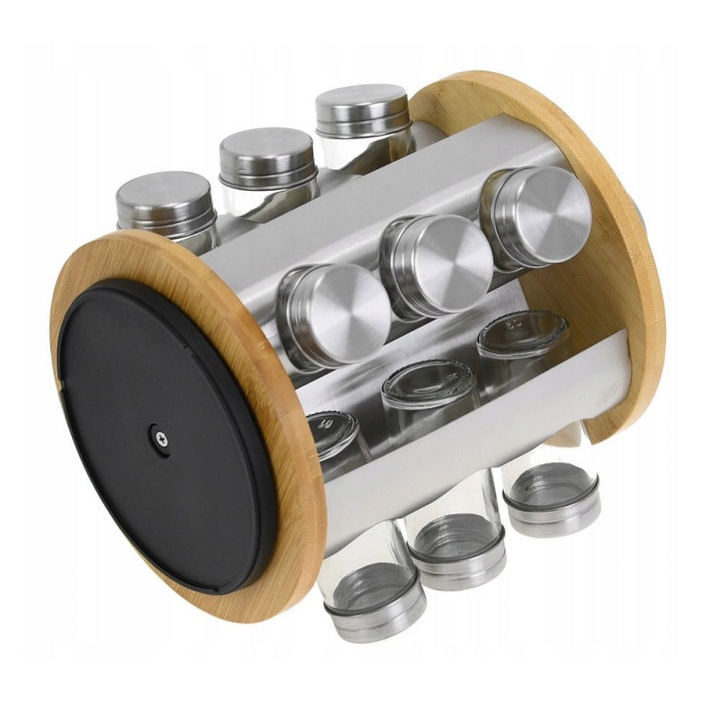 Set pentru condimente pe suport Klausberg KB 7552, 12 borcane, bambus si otel, inox / maro