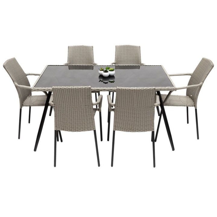 Set Terasa Vichy, masa, 6 scaune, ratan sintetic, negru/gri, 150 x 90 x 73 cm