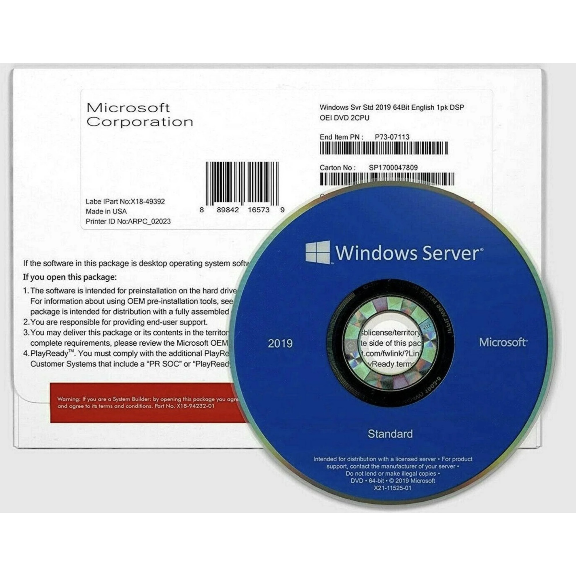 Microsoft® Windows Server STANDARD 2019 64bit English INTL, 1PK, DSP ...