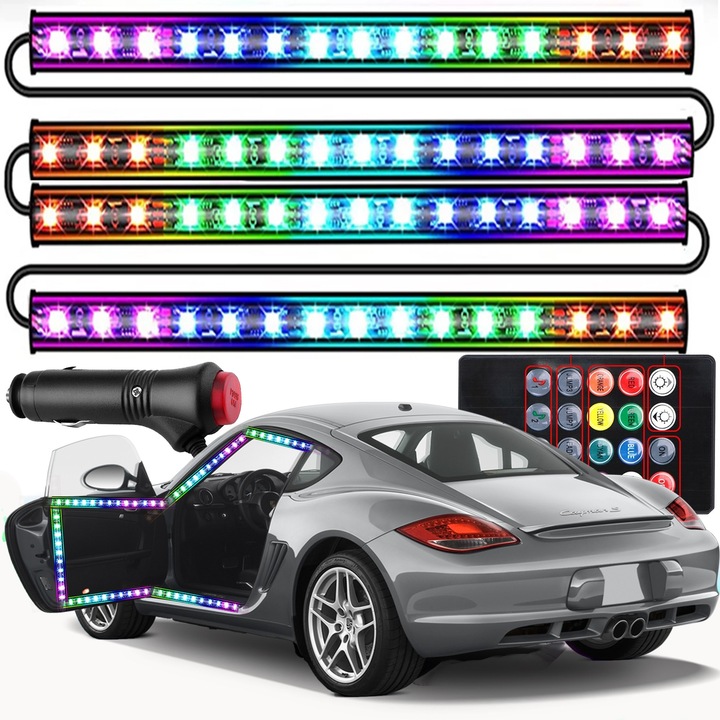 Set 4 Benzi LED RGB RETOO DriveTech Pentru Interior Auto, 48x SMD 5050, 12 LED-uri Per Banda, 8 Culori, 4 Moduri, Intensitate Reglabila, Control Prin Telecomanda, Montaj Cu Banda M3, Rezistent La Apa, Design Flexibil, Ideal Pentru Bord, Portiere, Scaune