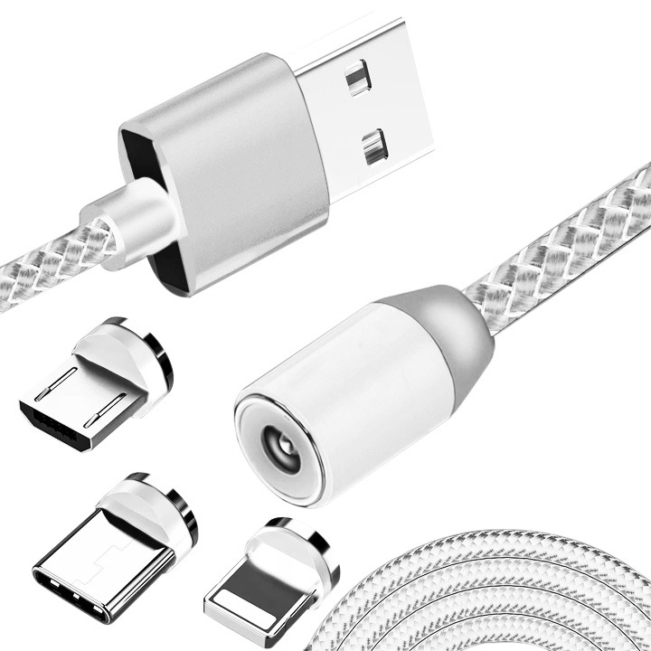 Cablu Magnetic Incarcare 3 in 1, 360, Compatibil Cu microUSB, USB-C si Tip Lightning, 2.4A, 1 m, Led incarcare, Gri
