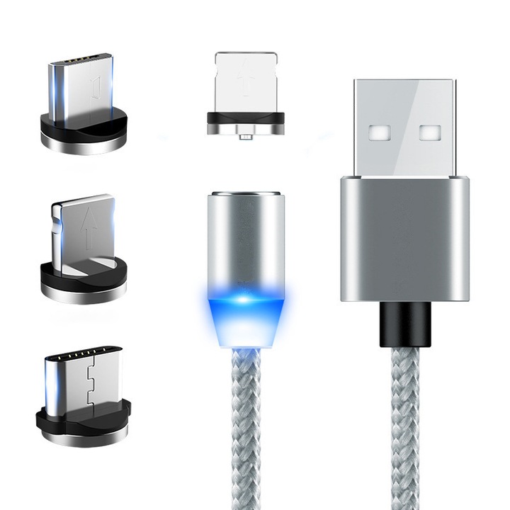 Cablu Magnetic Incarcare 3 in 1, 360, Compatibil Cu microUSB, USB-C si Tip Lightning, 2.4A, 1 m, Led incarcare, Gri