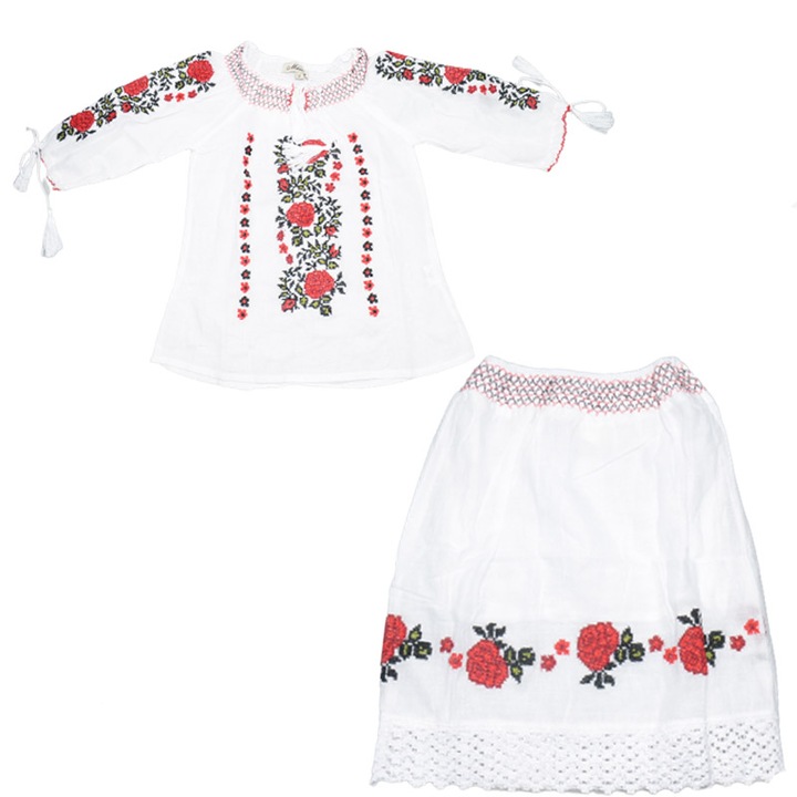 Compleu traditional 2 piese ie si poale pentru fete Mini Junior MRII-2, Alb, Alb