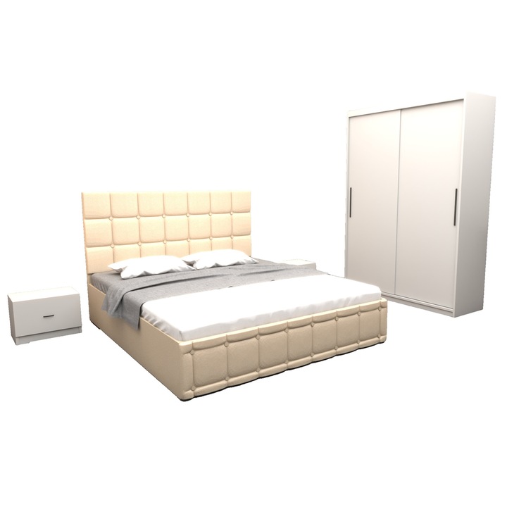 Set Dormitor Regal cu Pat Tapitat Crem imitatie piele 160x200 cm cu dulap usi glisante Alb 150x200x61 cm
