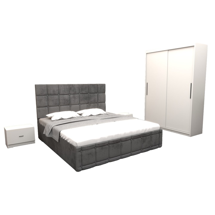 Set Dormitor Regal, cu Pat Tapitat Gri stofa 160x200 cm cu dulap usi glisante Alb fara oglinda 150x200x61 cm si cu comoda Tv 90x80x43 cm