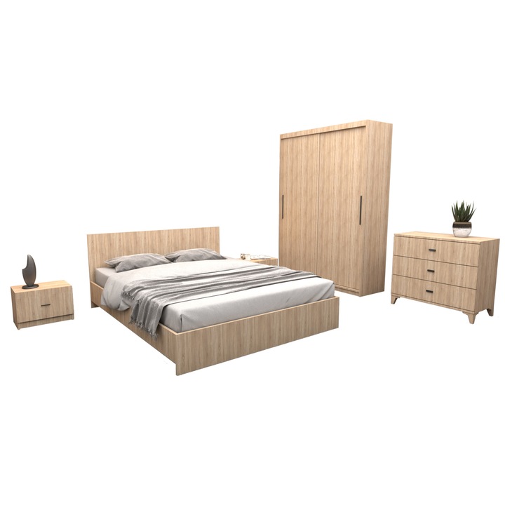 Set Dormitor Tania Stejar Sonoma Pat 160 cm x 200 cm, si Noptiere 48 cm x 32 cm x 35 cm, si Dulap cu usi glisante 150 cm x 200 cm si comoda 90x80x43 cm