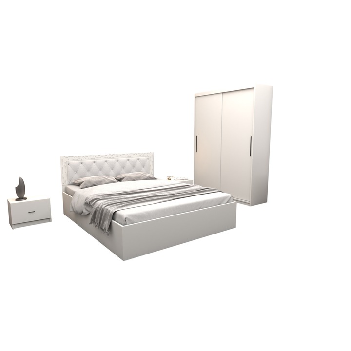 Set Dormitor Maia Alb, Pat 160 cm x 200 cm si Noptiere 48 cm x 32 cm x 35 cm si Dulap cu usi glisante 150 cm x 200 cm