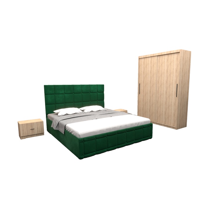 Set Dormitor Regal, cu Pat Tapitat Verde Stofa 160 x 200 cm cu dulap usi glisante 150x200x61 cm Sonoma