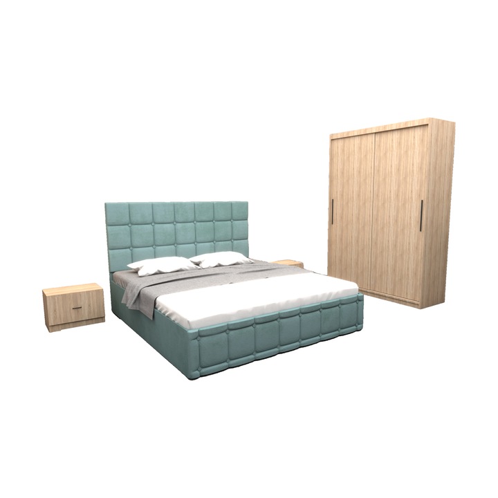 Set Dormitor Regal, cu Pat Tapitat Turcoaz Stofa 160x200 cm cu dulap usi glisante Sonoma 150x200x61 cm
