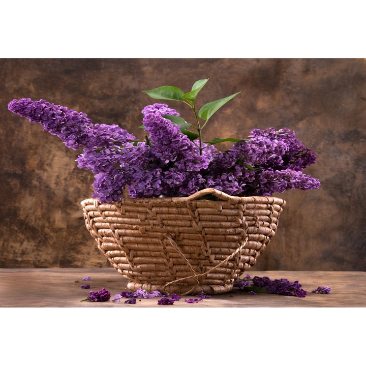 Картина на платно Люлякови цветя, плетена кошница, букет, 45 х 30 см