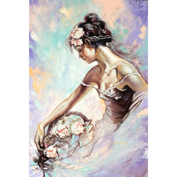 Tablou canvas Fata cu flori, pictura, 60 x 90 cm