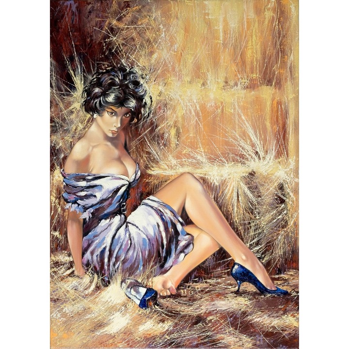 Картина на платно Момиче, синя рокля, житна вълна, 60 х 90 см