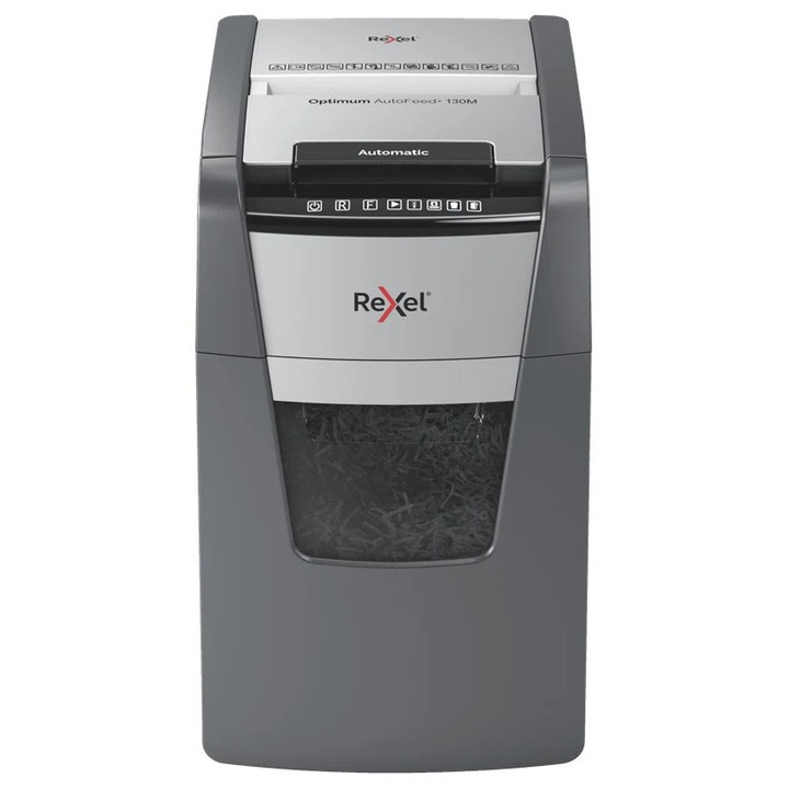 Distrugator documente automat Rexel Optimum130M, P5, micro-cut, 130 coli, cos 44 l, gri