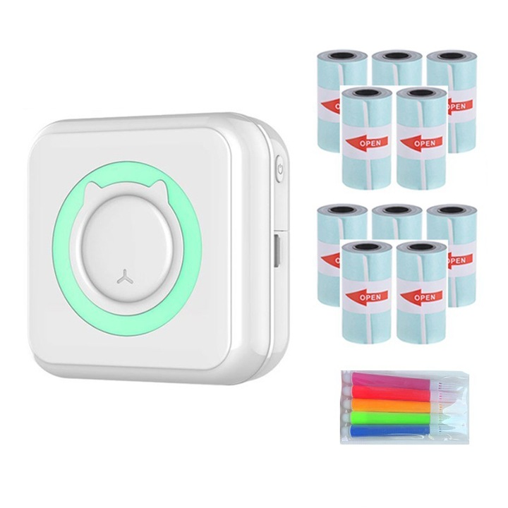 Мини термопринтер, безжичен, Bluetooth, съвместим с Android/iOS, бял