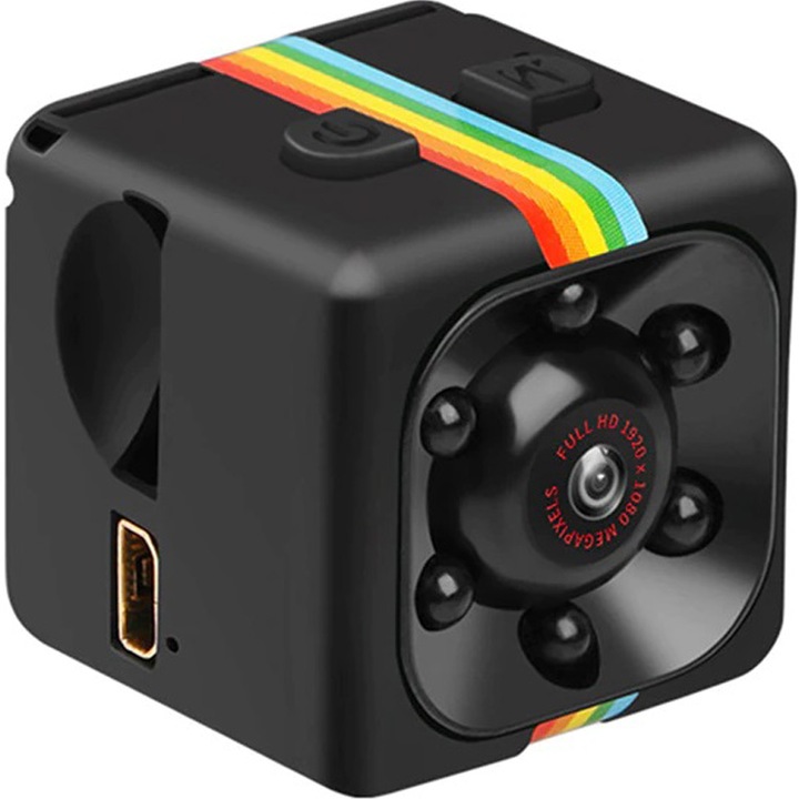Mini camera de supraveghere spion, Full HD 1080p, cu functie video si foto, mod noapte, incarcare USB si suport de montare inclus, negru
