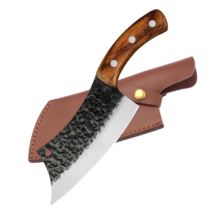 Satar Angus, Outdoors & Kitchen, Forjat Manual Hammered, Otel Inoxidabil, Maner Lemn Red Sandalwood, Full Tang 26 cm, Blades®