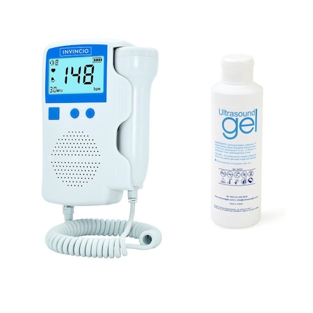 Monitor fetal Doppler, Invincio, pentru monitorizare functii vitale fat intrauterin, set cu gel ultrasunete, Zero radiatii, detectarea batailor inimii/pulsului fatului, pentru gravide, portabil, alb/albastru
