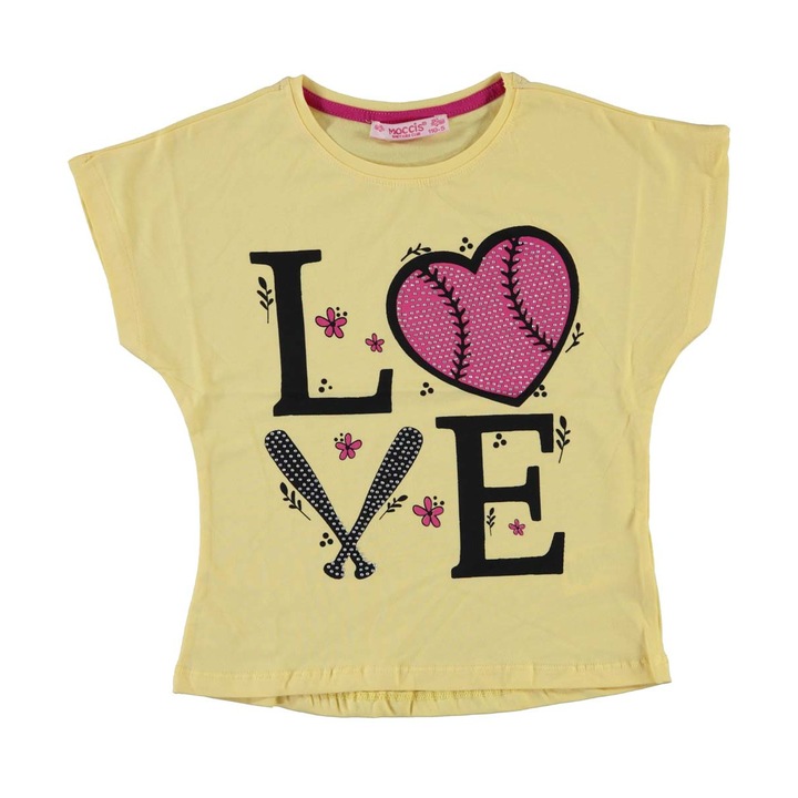 Elegáns póló lányoknak, Love, strassz, pamut, Sárga