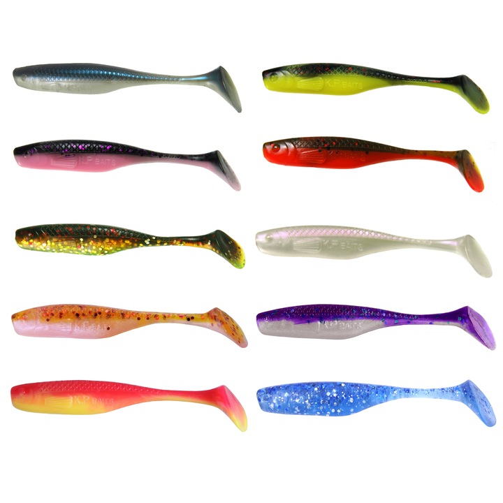 Set 50 buc Shad KP Lazy Shad 7.5cm, Mix5, pentru pescuit la salau, stiuca, biban sau somn