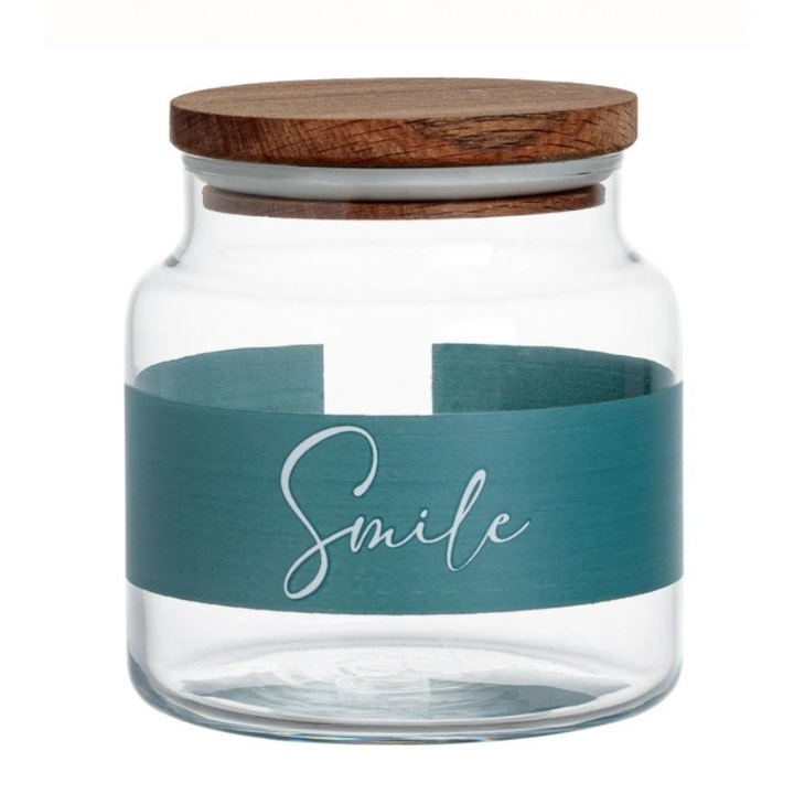 Borcan de sticla transparenta cu capac etans din bambus 635 ml, banda albastra