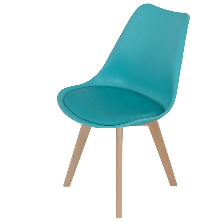 Scaun DENVER Stockholm, turcoaz, model scandinav, sezut tip scoica tapitat, picioare lemn, 48x50x82 cm