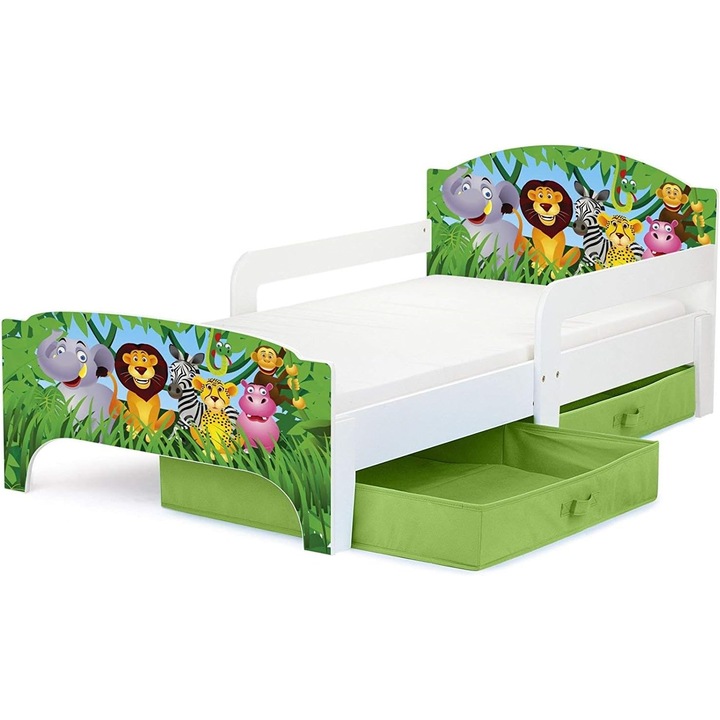Leomark Pat copii din lemn 140x70 cm cu saltea 10 cm si 2 sertare textile, pat copii cu imprimare UV model animale, pat sigur si confortabil, mobilier camera copii, set complet