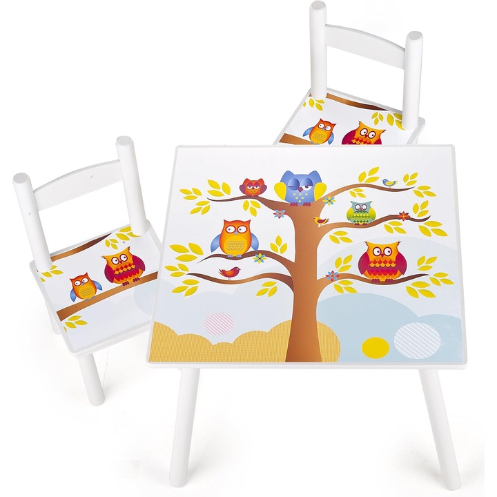 Set masuta cu doua scaune, Leomark, Bufnite, 60 x 60 x 42 cm
