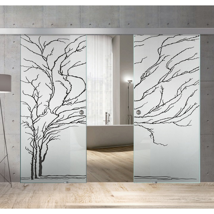 Boss Duo üveg tolóajtó, fekete Tree modell, 90+90x215 cm, 8 mm vastag matt üveg
