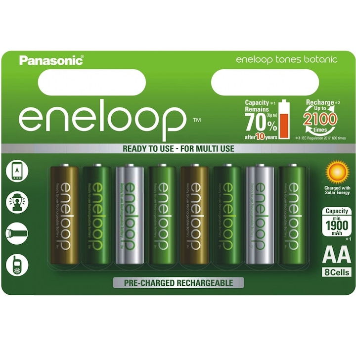 Акумулаторна батерия Panasonic Eneloop Tones Botanic (2100 цикъла), 2000mAh AA (8 броя)