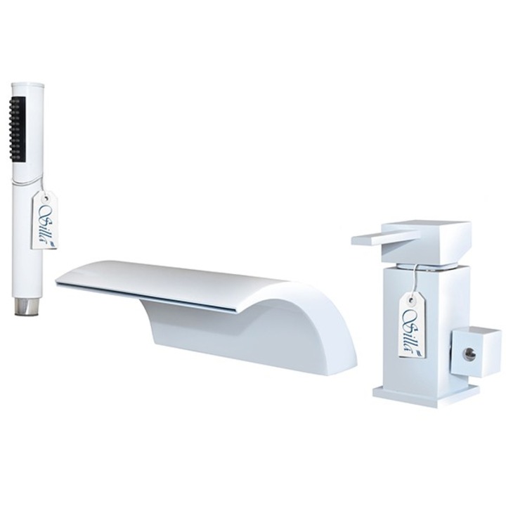 Silla 3-lyukú kád csaptelep, kézi kihúzható zuhanyfej, sárgaréz, Feher