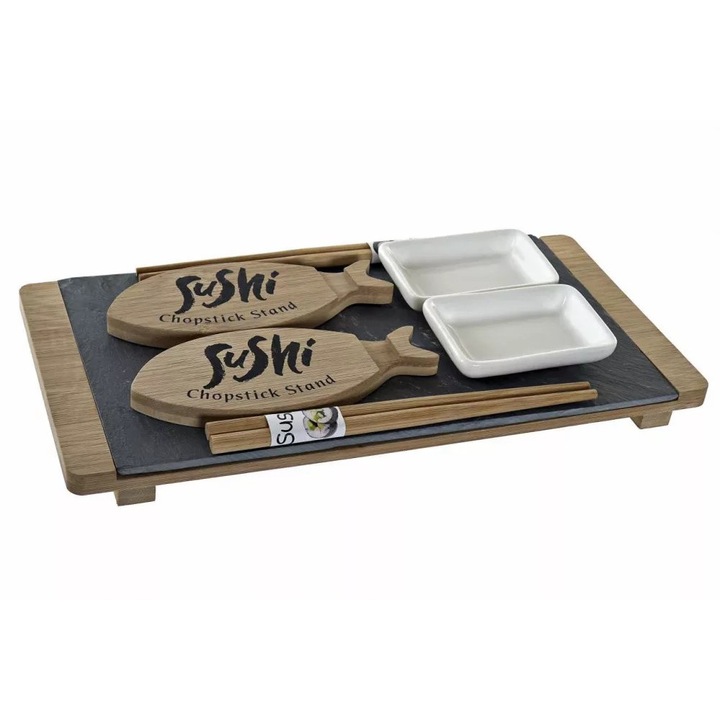 Set de servire sushi, JanZashop, Lemn, din 9 bucati, pe o placa de bambus, Maro/Negru