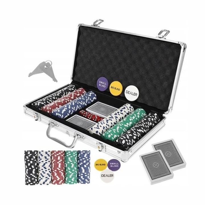 Комплект за покер MT MALATEC, 300 казино чипа, 2 пакета карти, Алуминиева кутия тип куфар