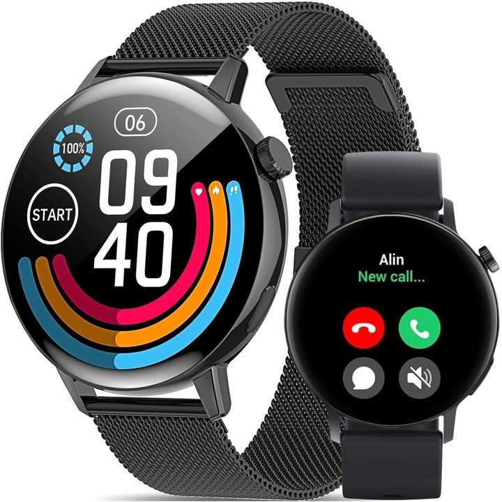 Ceas Smartwatch DT™ WATCH4, Apelare Bluetooth HD, 1.36" High-Light 4D Split Screen, NFC Acces Control, Asistent Vocal, GPS Fitness Tracker, BT Music, Incarcare Wireless, Parola, Curea Metalica si Silicon, Refined Black