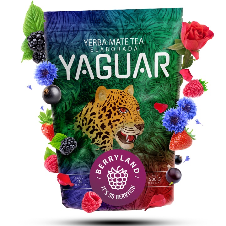 Yerba Mate Tea, Yaguar, Berryland, Enyhe és Aromás, Ideális Kezdőknek, Természetes Stimuláció, Brazília, 500g