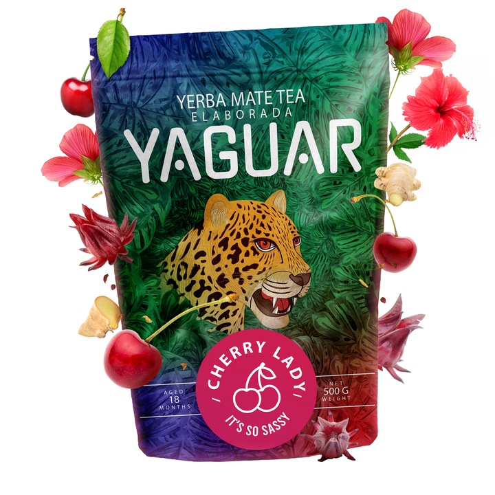 Yerba Mate Tea, Yaguar, Cherry Lady, Enyhe és Aromás, Ideális Kezdőknek, Természetes Stimuláció, Brazília, 500g